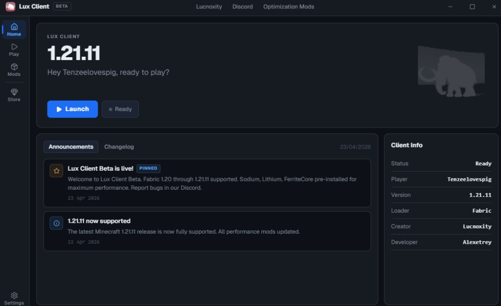 Lux Client window: Home view with version 1.21.11, Launch control, announcements, and client info.